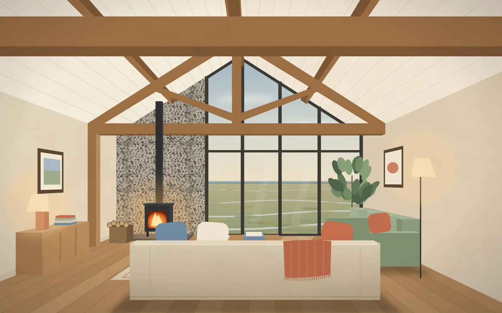 The living room, with the wood burner lit