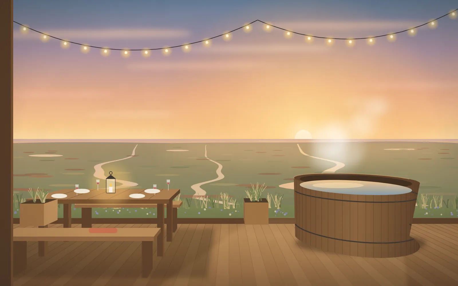 The terrace and hot tub at sunset