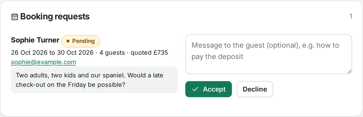 A booking request in HostSorted with the guest's dates, quote and message, and Accept and Decline buttons